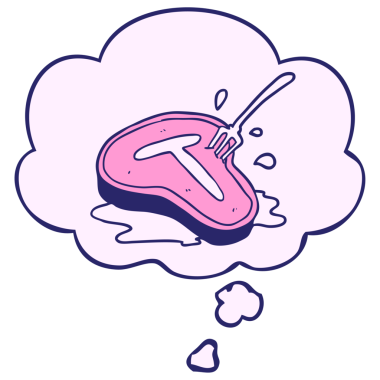 Düşünce baloncuklu parlak neon renkli biftek.