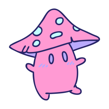 Parlak neon rengi sonbahar melteminde gülen nadir bulunan küçük bir mantar yaratığının çizgi filmi.