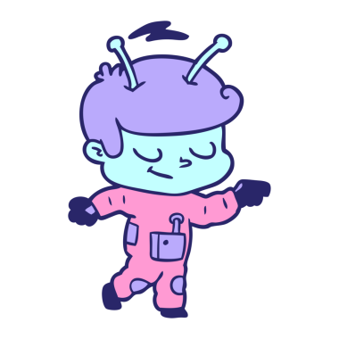 Dost canlısı çizgi film uzay adamı parlak neon rengi işaret ediyor