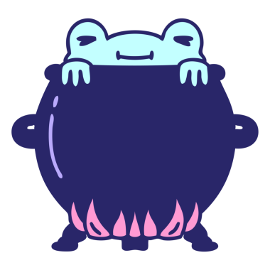 parlak neon renkli bir kazanda yıkanan kurbağa karikatürü.