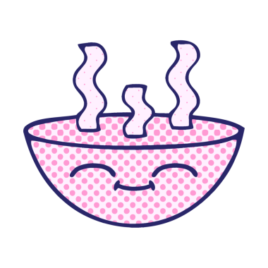 Çizgi roman tarzı, parlak neon renkli sıcak çorba tabağı.