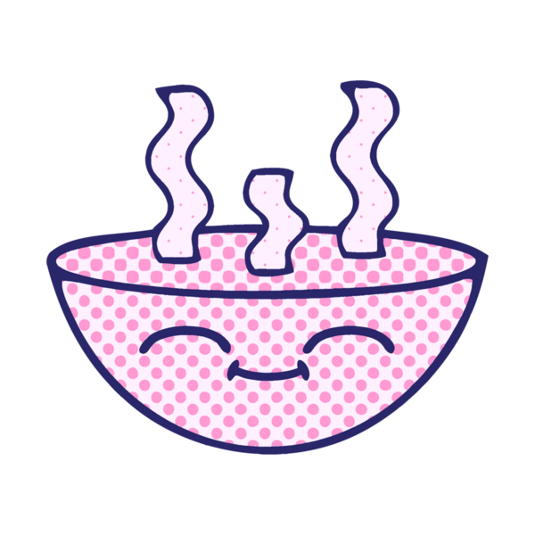 Çizgi roman tarzı, parlak neon renkli sıcak çorba tabağı.