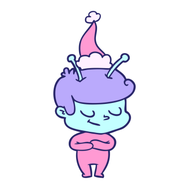 Dostane el çizimi çizimi, parlak neon renkli Noel Baba şapkası giyen bir uzay adamı.