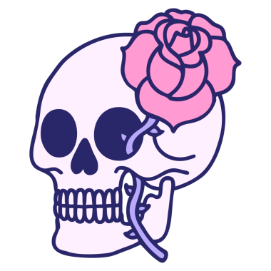 Bir kafatasının ikonik dövme şekli ve parlak neon rengi gül