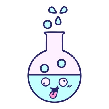 Parlak neon renkli bir test tüpünün şirin çizgi filmi.