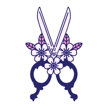 Berber makasının ve parlak neon renkli çiçeklerin ikonik dövme görüntüsü