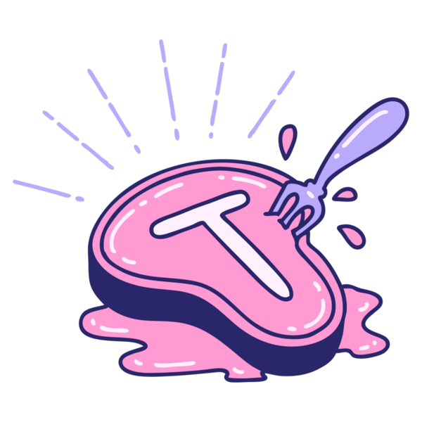 Parlak neon renkli geleneksel bir biftek ve çatal çizimi