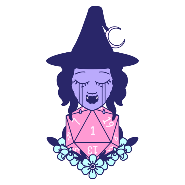 Retro Dövme Tarzı ağlama yarı ork cadı ve doğal bir D20 zar parlak neon rengi yuvarlama