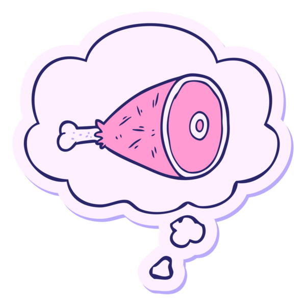 çizgi film, parlak neon renkli bir etiket olarak düşünce baloncuğuyla pişirilmiş et.