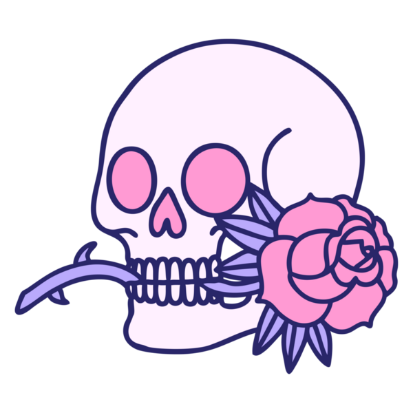 Bir kafatasının ikonik dövme şekli ve parlak neon rengi gül