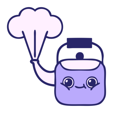 Parlak neon renkli dumanı tüten bir çaydanlık çizgi filmi.