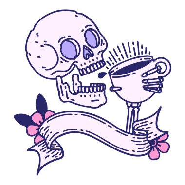 Parlak neon rengi kahve içen bir kafatası dövmesi.