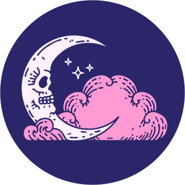 Kafatası hilal şeklinde bir dövme ve parlak neon renkli bulutlar.