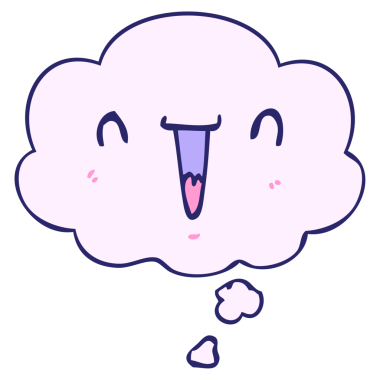 Parlak neon renkli düşünce baloncuğu olan sevimli mutlu çizgi film yüzü.