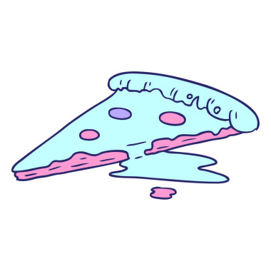 Parlak neon renkli bir pizza diliminin el çizimi karikatürü.