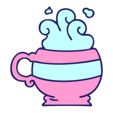 El çizimi çizgi film gibi parlak neon renkli sıcak bir içecek.