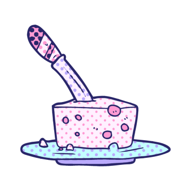 parlak neon renginde peynir bloğunda çizgi film bıçağı