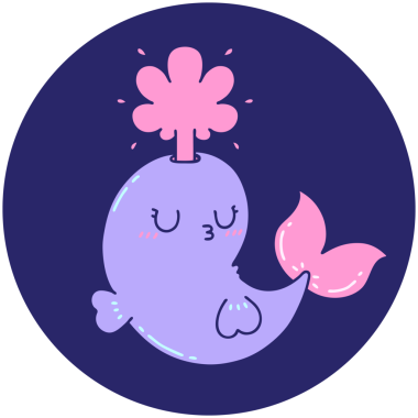 Dövme tarzının simgesi. Parlak neon renkli balina karakteri fışkırtıyor.