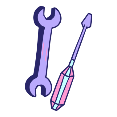 Bir anahtarın el çizimi karalaması ve parlak neon renkli bir tornavida.