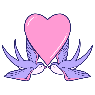 Kırlangıçların ikonik dövme şekli ve parlak neon renkli bir kalp.