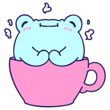 parlak neon renkli kahve fincanında oturan şirin bir kurbağanın çizgi filmi