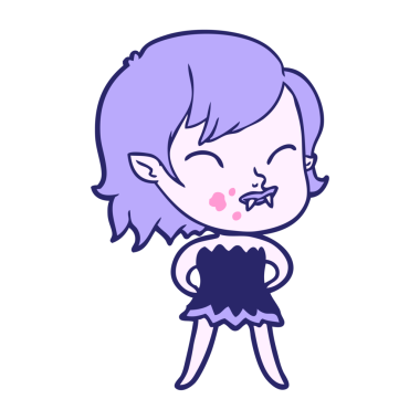 Yanağında parlak neon rengi kan olan vampir kız çizgi filmi.