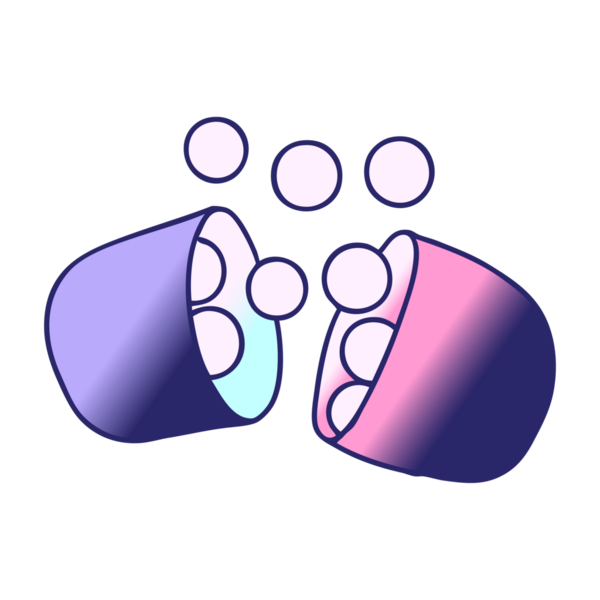 Açık ilaç tabletinin parlak neon renkli çizgi film çizimi