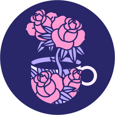 Bir fincanın ikonik dövme şekli ve parlak neon renkli çiçekler