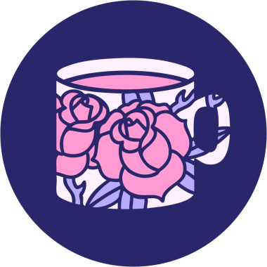 Bir fincanın ikonik dövme şekli ve parlak neon renkli çiçekler