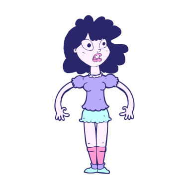 Şok olmuş parlak neon renkli güzel kız çizgi filmi.