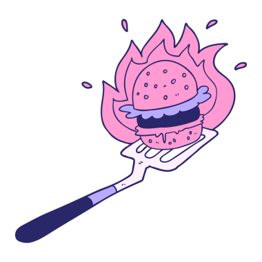 parlak neon renkli spatula üzerinde yanan hamburger çizgi filmi