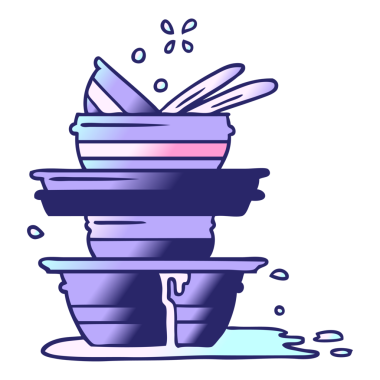 Parlak neon rengi bir yığın kirli tabağın el çizimi çizgi film karalaması