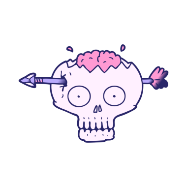 parlak neon renkli okla beyni delip geçen bir kafatası.