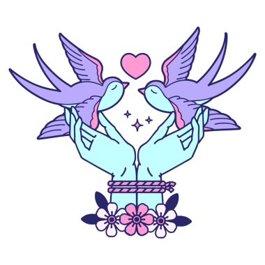 geleneksel stil dövme elleri bağlı ve parlak neon rengi yutuyor.