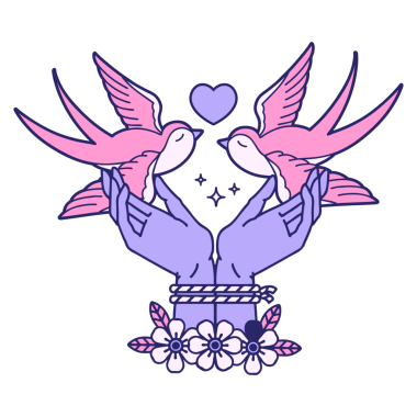 Elleri bağlı ve parlak neon rengi yutan ikonik dövme görüntüsü