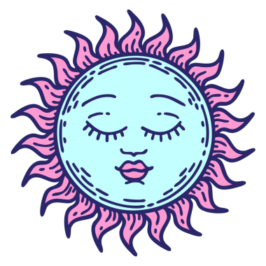 Parlak neon renkli geleneksel bir güneş dövmesi.