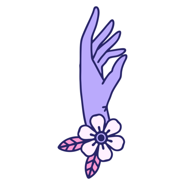 Parlak neon renkli bir el ve çiçeğin ikonik dövme şekli