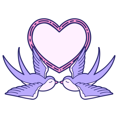 Kırlangıçların ikonik dövme şekli ve parlak neon renkli bir kalp.