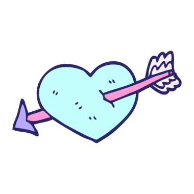 karikatür karalama kalbi parlak neon renginde okla vuruldu