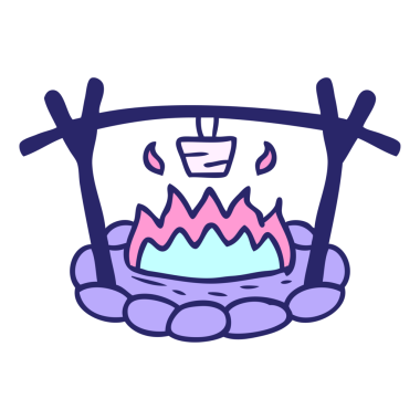 Parlak neon renkli bir kamp alanının el çizimi karalamaları.