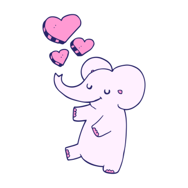 Parlak neon renkli aşk kalpleri olan çizgi film fili.