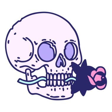 geleneksel kafatası şeklinde dövme ve parlak neon rengi gül.