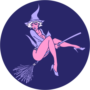 Parlak neon renkli geleneksel poster cadısı dövmesi.