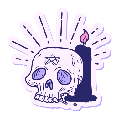 Dövme stili ürkütücü kafatası ve parlak neon renkli mum çıkartması.