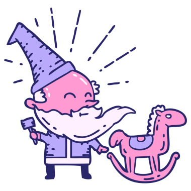 Geleneksel dövme stili Noel Baba karakterinin parlak neon renkli oyuncaklar yapmasının bir örneği.