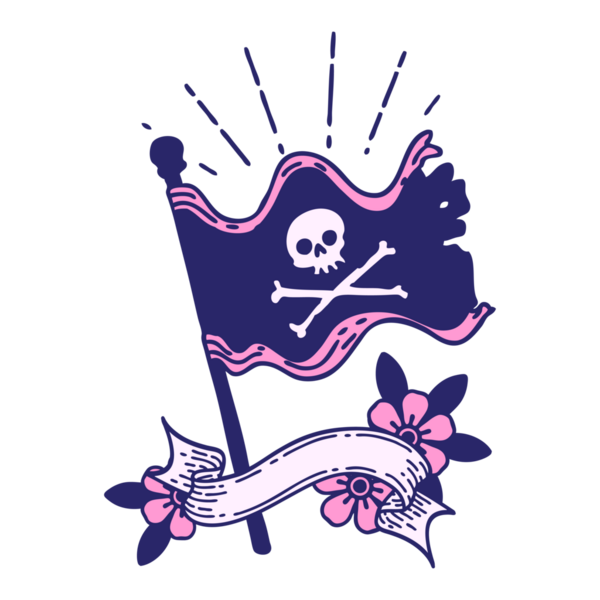 Parlak neon renkli korsan bayrağı sallayan dövme stili bir parşömen.