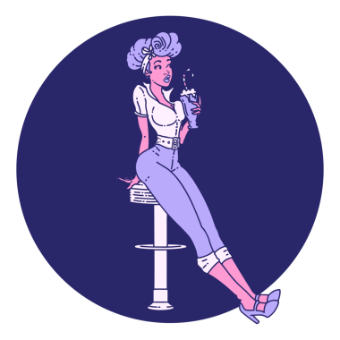 Geleneksel moda dövmeli, parlak neon renkli milkshake içen bir kız.