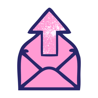 Parlak neon renkli oklu bir zarfın retro grunge desen karikatürü