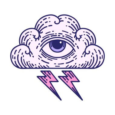 Her şeyi gören parlak neon renkli bir göz bulutunun ikonik dövme tarzı görüntüsü