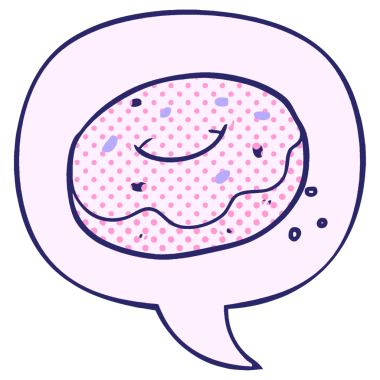 çizgi roman tarzında parlak neon renkli konuşma baloncukları serpiştirilmiş çizgi film donutu.